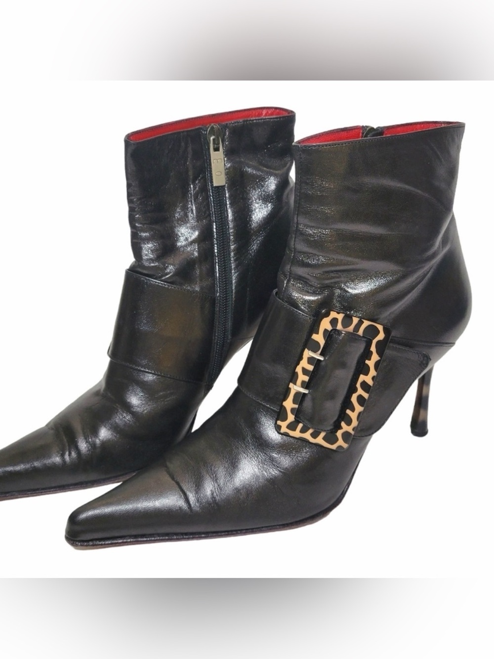 Mary Atkins Black Italian Leather Ankle Boots Leopard Buckle 39/8